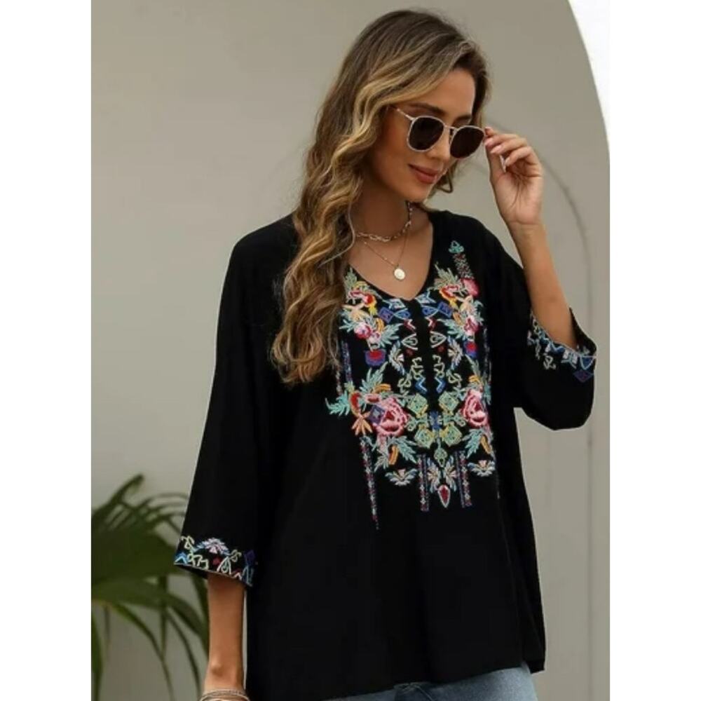 NWT Black Embroidered Bohemian Colorful Floral Peasant Top Sz XXL